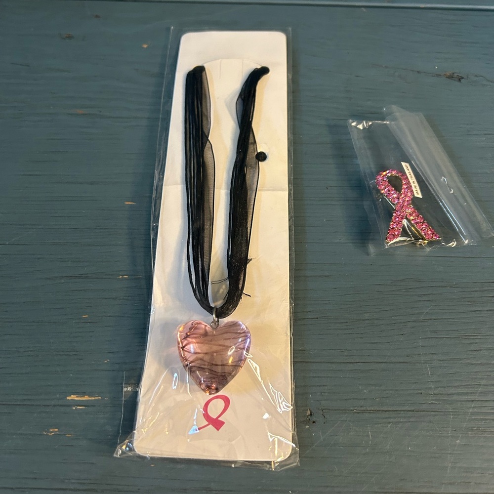 October Breast Cancer Pink Heart Pendant Necklace & Pin